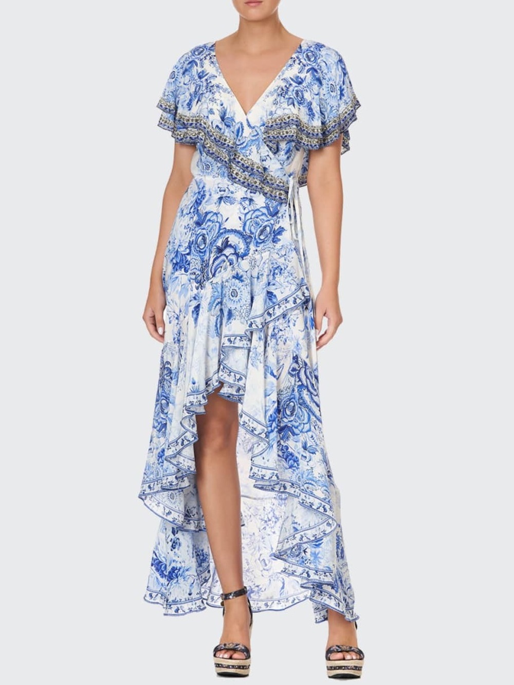 CAMILLA Frill Sleeve Long Silk Dress in the "Heart of a Dragon" print